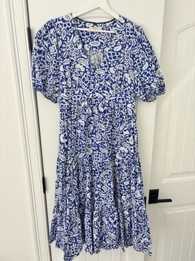 Boden Blue and White Floral Midi Dress 100% cotton sz 12